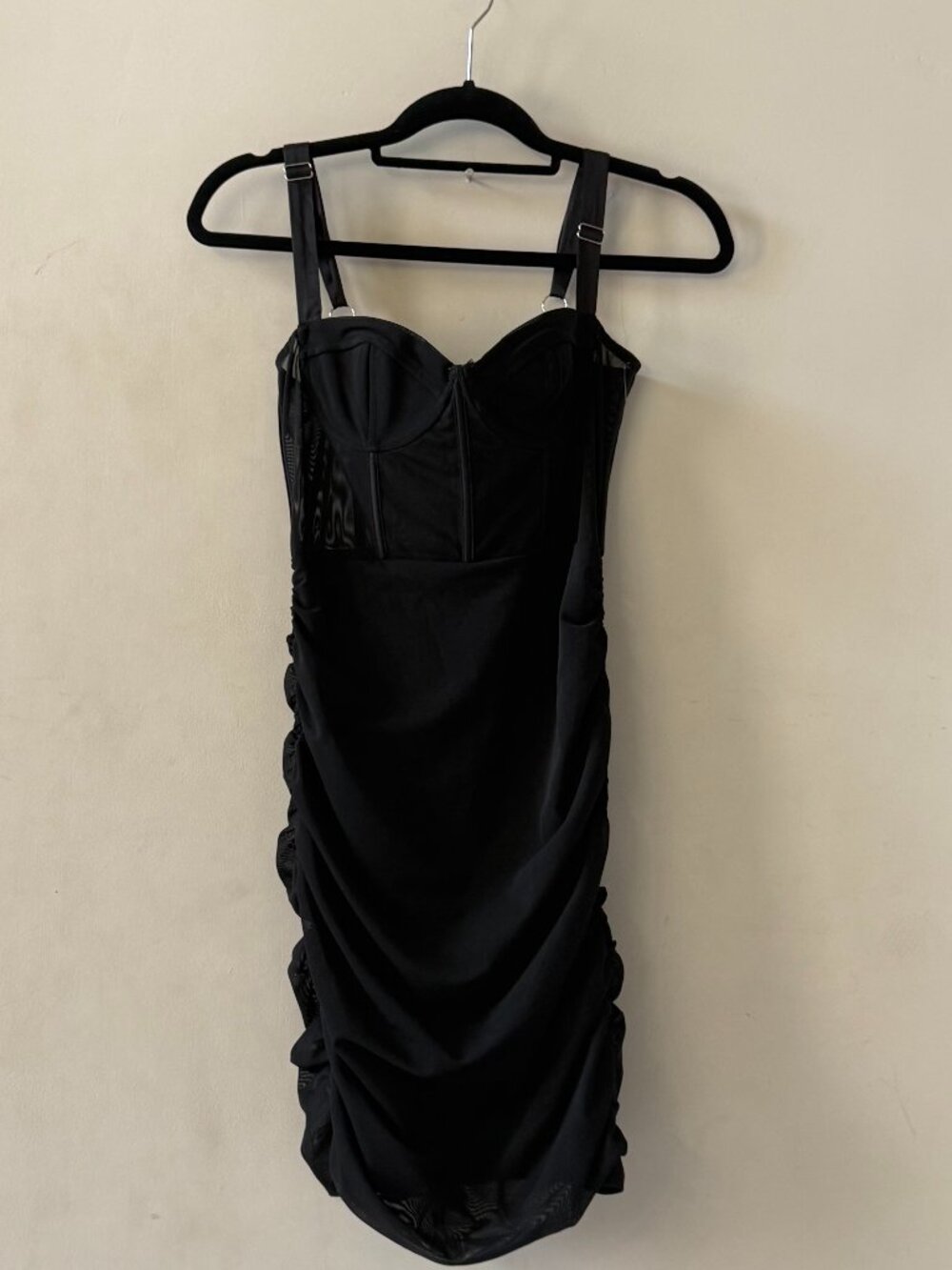 White Fox Push The Boundaries Black Corset Ruched Mesh Mini Dress L